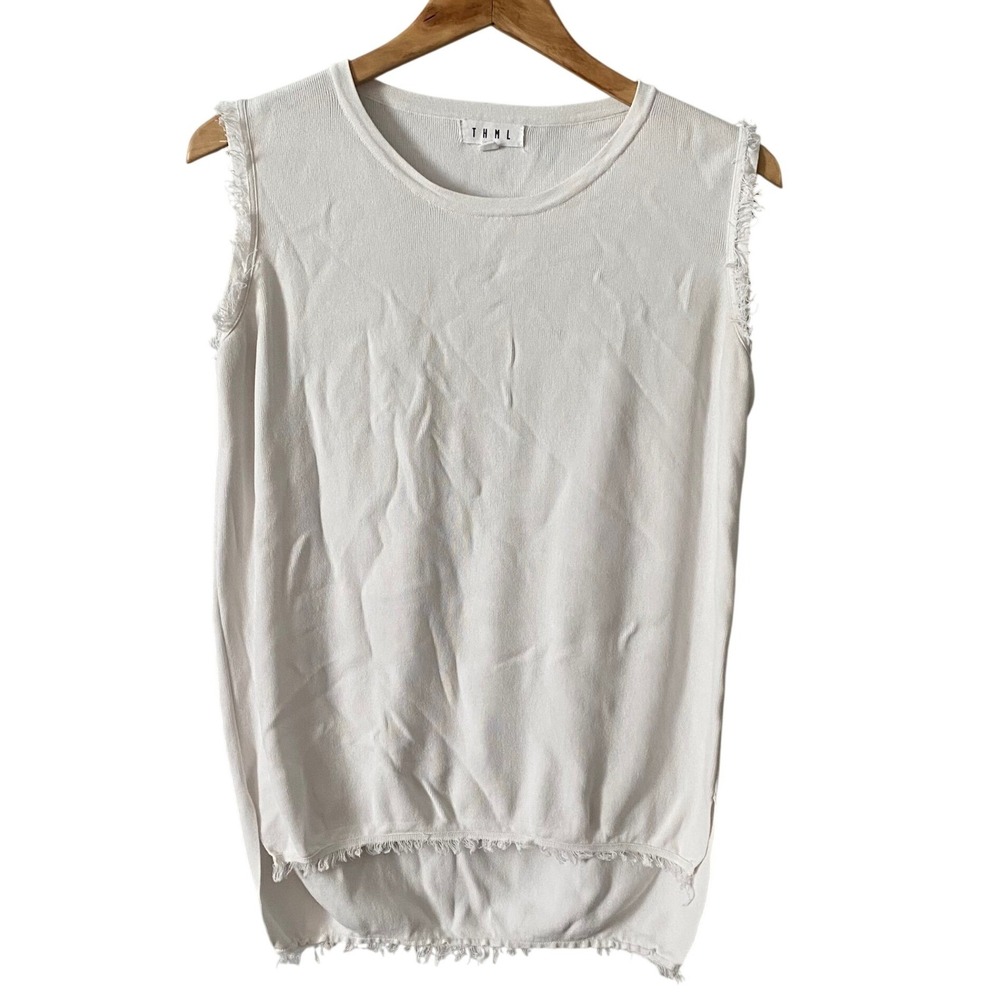 THML Women Sz Md Casual White Sleeveless Frayed High Low Minimalist Top Beachy